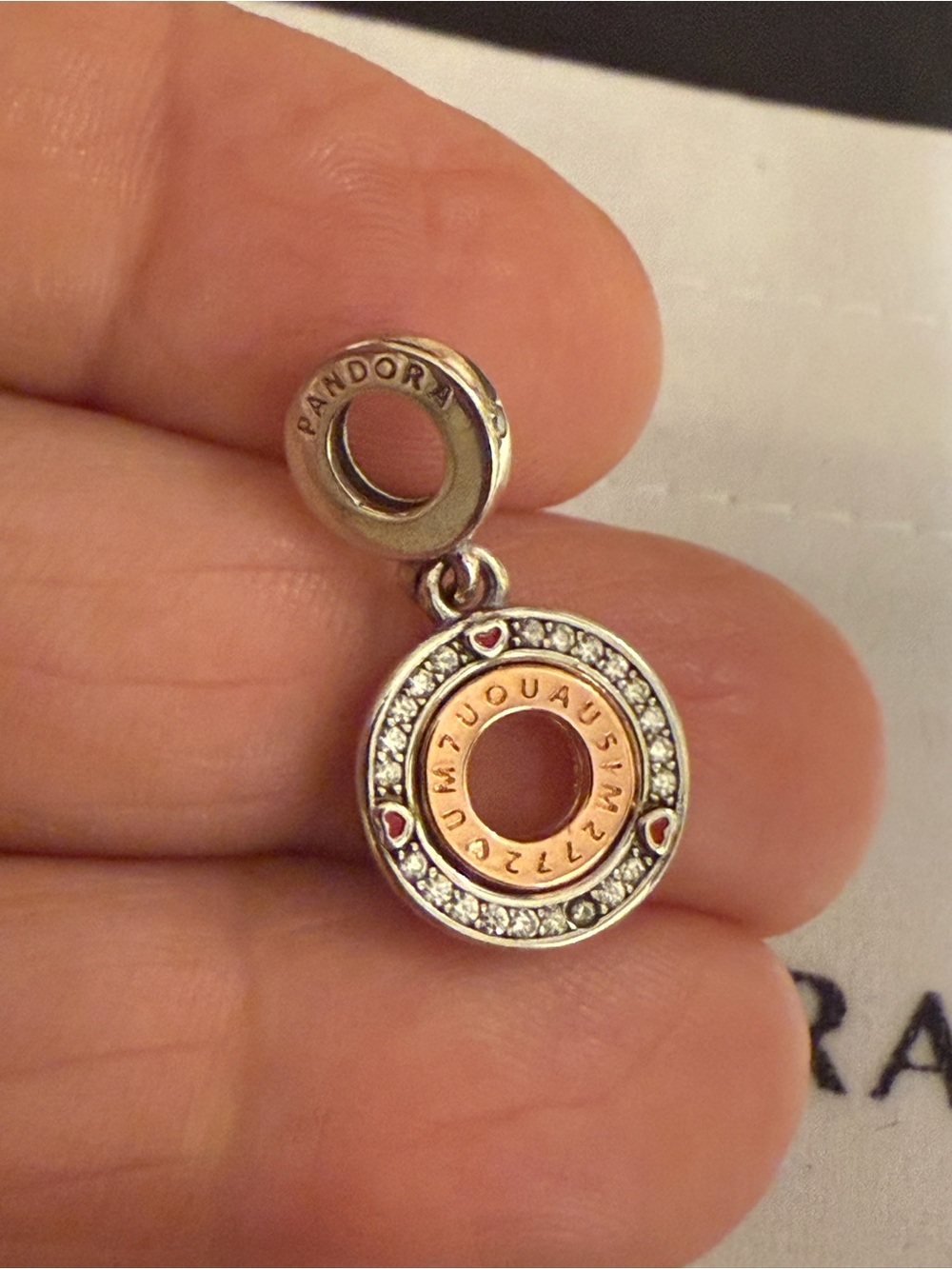 Pandora Two-Tone Circle Drop Charm with Red Hearts